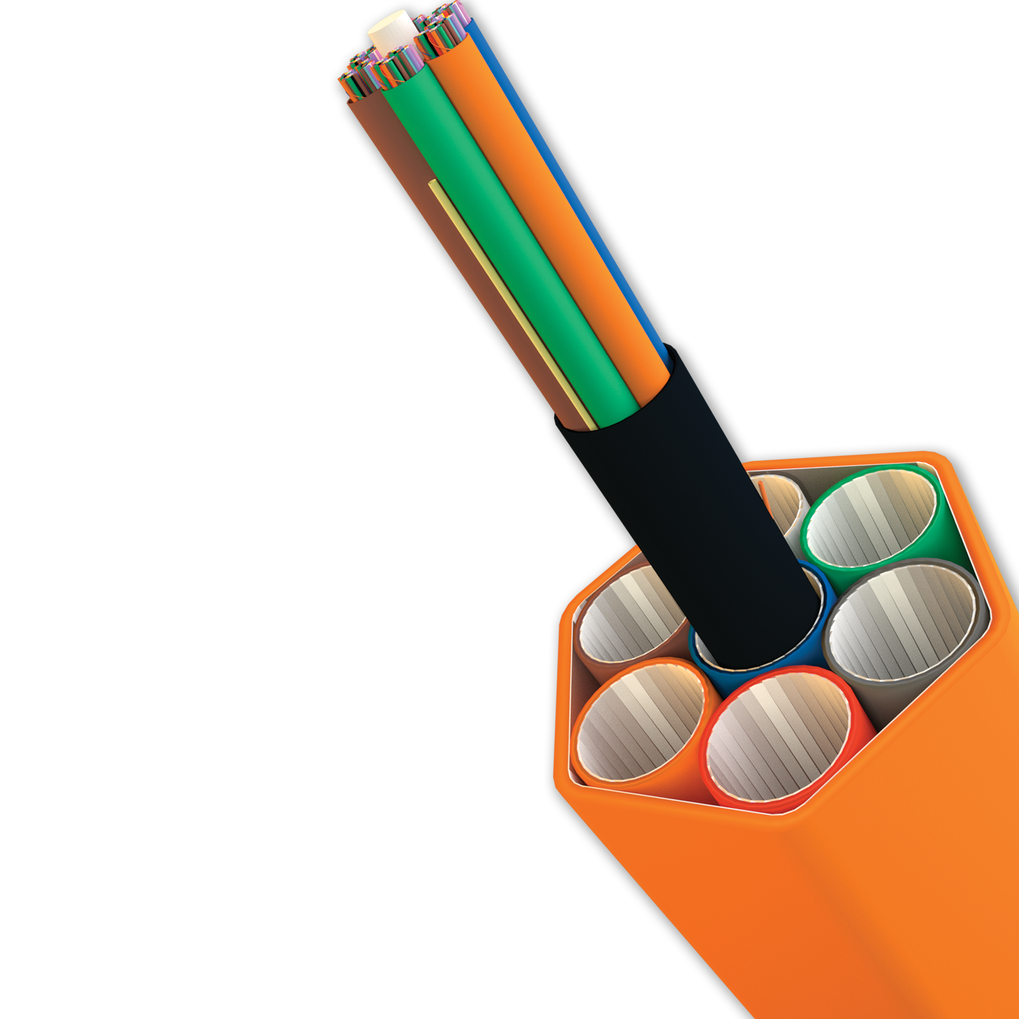 eABF cables are designed by AFL to offer the most rugged and reliable enterprise-based blown fiber solution in the market today. The cable design combines a light-weight, low-drag jacketing system that allows the cable to be blown long distances. The cable series also features additional attributes that set this product above and beyond traditional blown fiber cables. These enhanced features include mechanical strengthening
that permits the cable to comply with industry-standard premise interconnect specifications. In addition, the eABF cable series feature flame-resistance characteristics which result in stand-alone riser and plenum rated options suitable for routing outside of the micro-duct system. Because of these mechanical, environmental and optical qualifications, eABF cables can also be installed in third-party, flame-rated duct and pathway systems.